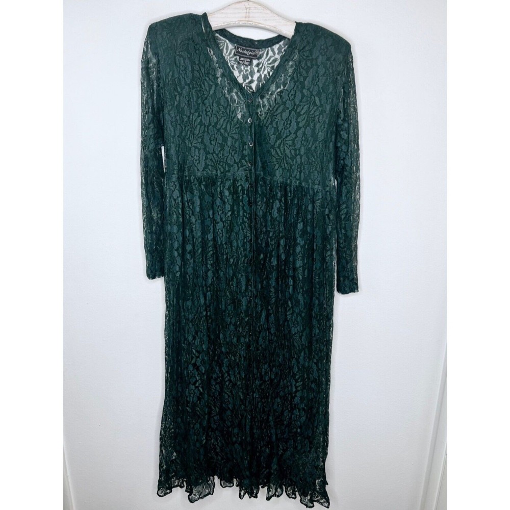 Nostalgia Dark Green Long Sleeve Lace Maxi Dress Grunge Gothic Academia Small